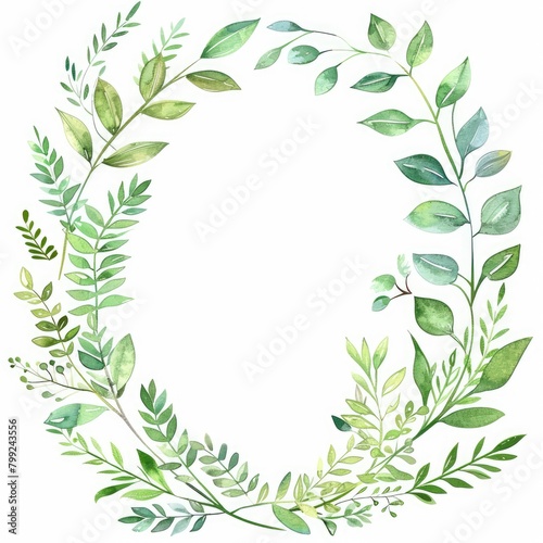 Watercolor Oval Wreath with Greenery Leaves and Tree Branch. Botanical Leaf Chaplet Frame © Serhii