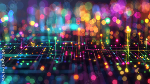 Abstract image of a glowing circuit board with colorful bokeh  representing high-tech digital technology