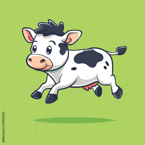 Cartoon cow jumping joyfully on a green background.