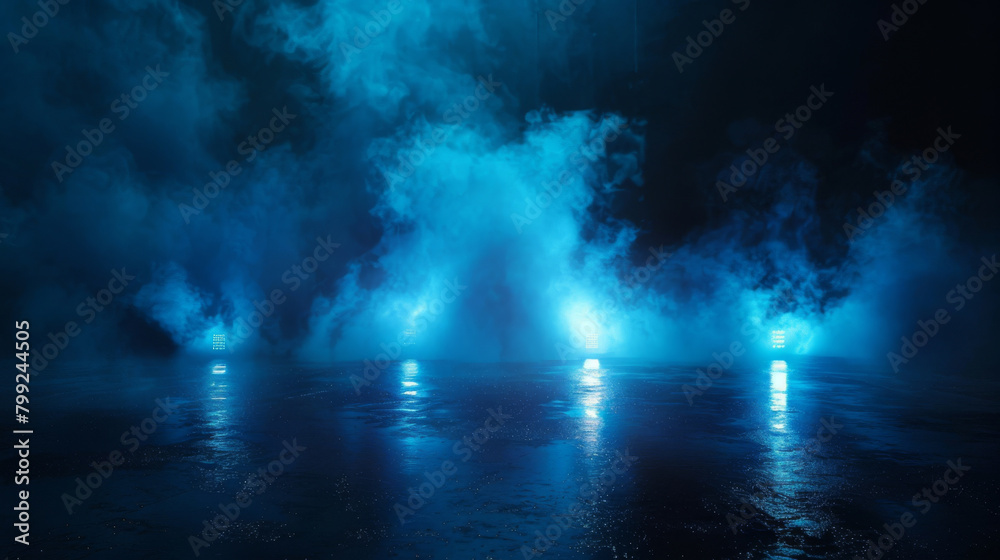 Captivating scene with swirling blue smoke and stage lights casting an enigmatic glow on the floor