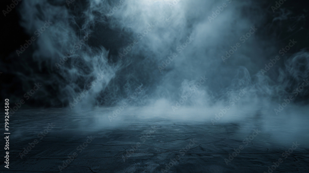 Eerie night scene with swirling fog and mist on a cracked surface under moonlight