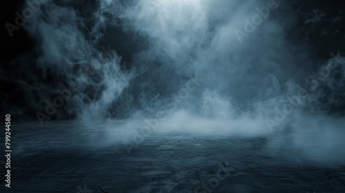 Eerie night scene with swirling fog and mist on a cracked surface under moonlight