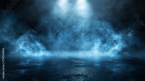 Enigmatic smoky scene with bright spotlights over a wet reflective surface