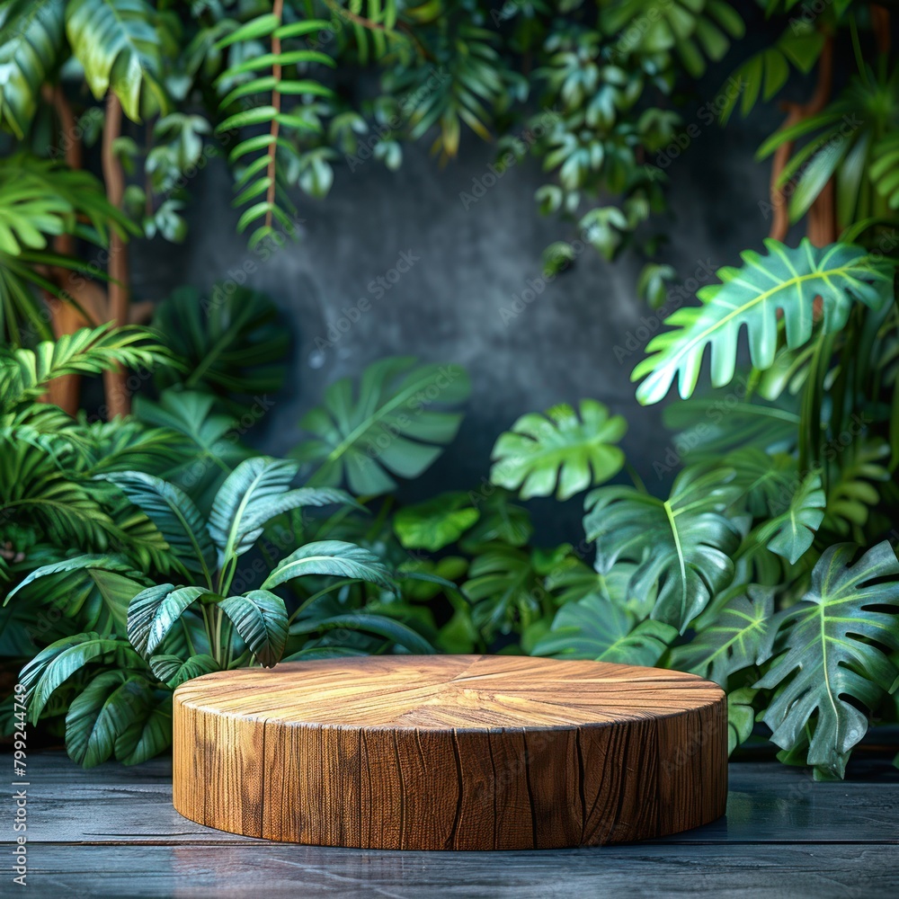 Photo of a wooden podium with tropical plants in the background for product presentation Photo of a wooden podium with tropical plants in the background for product presentation