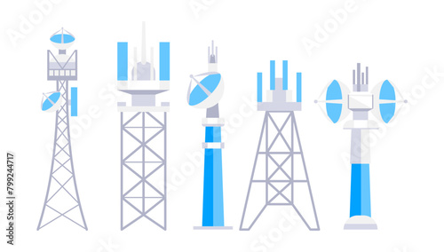 Radio, Mobile tower and antennas. Internet network. Communication towers set. Satellite antenna