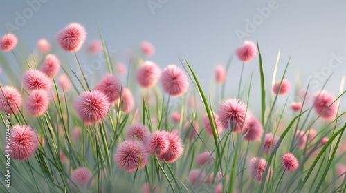 Pink flowers bloom among green grass © 2rogan