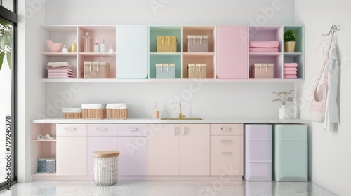 Elegant minimalist laundry room interior with pink and pastel storage