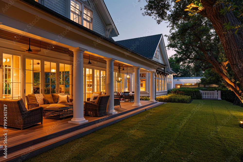 Evening luxury home panorama radiant indoors stylish patio furniture and lush lawn.