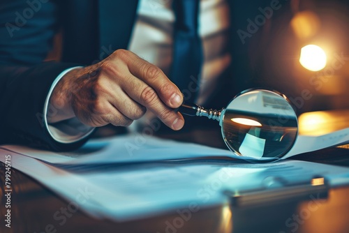 Fraud Investigation Concept. Auditor Inspecting Account Documents with Magnifying Glass for Tax photo