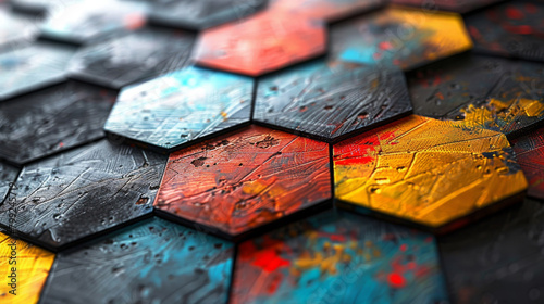 Close-up of a vibrant, textured hexagon pattern with artistic paint splatters