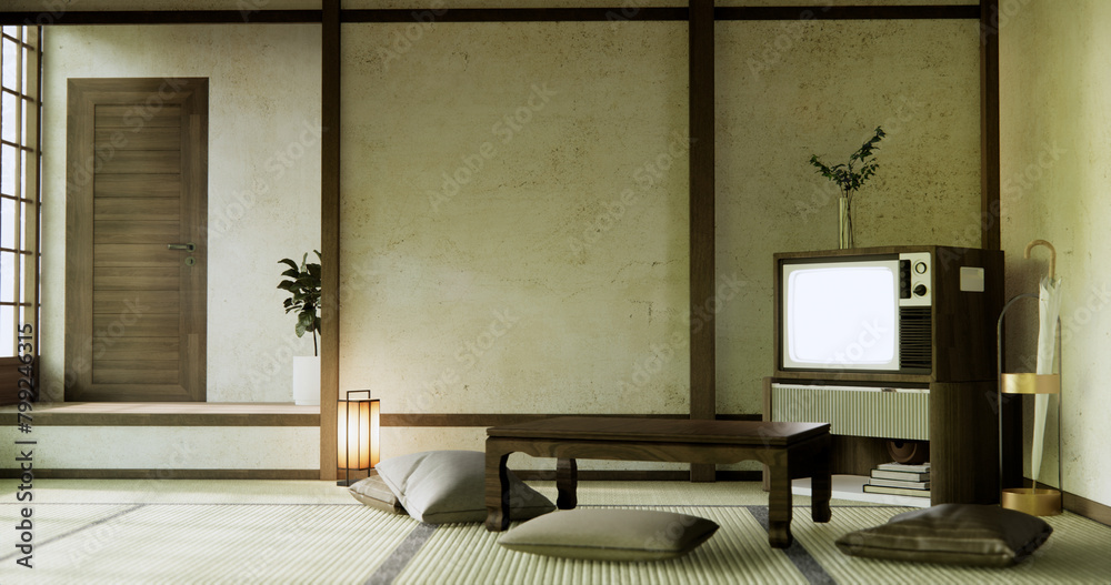 The japan low table in living room Japanese style with decoration muji minimal.
