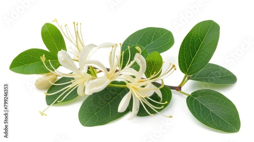 Honeysuckle Flower Blossom with Vibrant Green Foliage - Isolated and Full of Pollen and Anthers photo