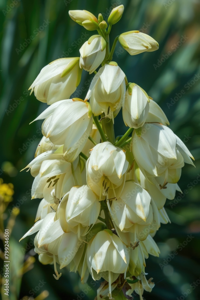 Closeup of White Yucca Flowers in Macro. Beautiful Plant Blossom with Agave Growth on White Closeup of White Yucca Flowers in Macro. Beautiful Plant Blossom with Agave Growth on White