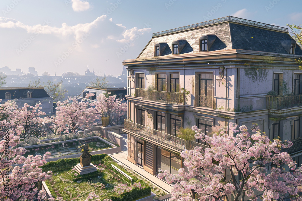 A sophisticated villa in the suburbs featuring a rooftop garden with spring flowers and a view over the neighborhood.