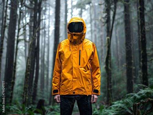 Person in a yellow raincoat stands anonymously in a misty forest. Showcasing a waterproof jacket in a rainy forest. photo