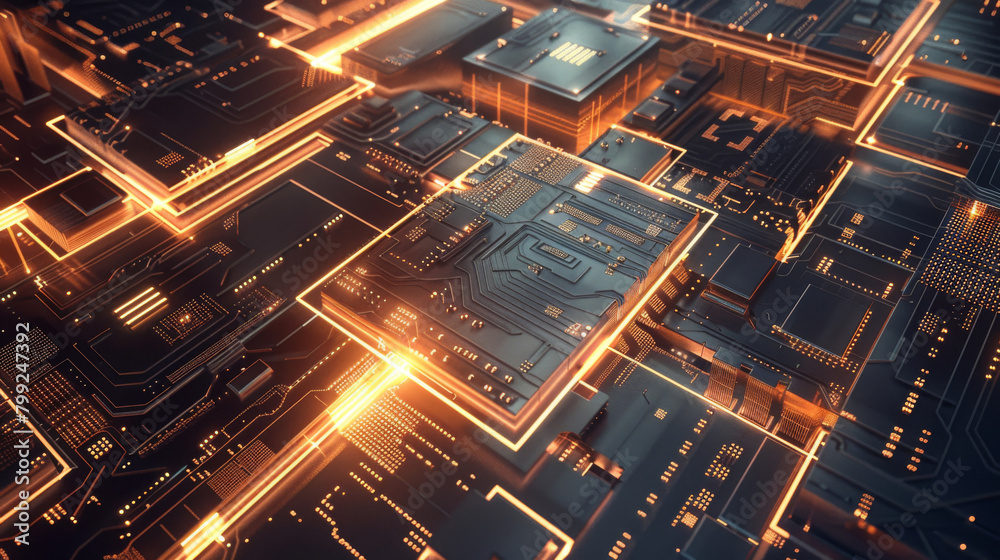 Detailed 3d rendering of a luminous circuit board set against a dynamic tech backdrop