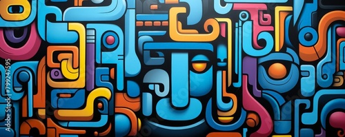 Graffiti art on an urban street wall, showcasing bold lines and bright, expressive colors