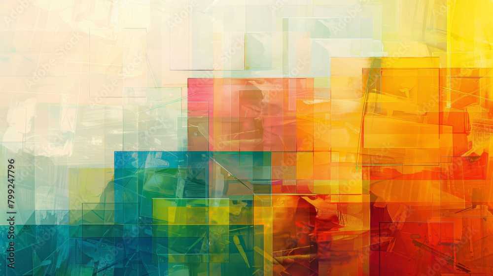 Fototapeta premium Vibrant abstract image with overlapping geometric shapes, textures, and a spectrum of colors