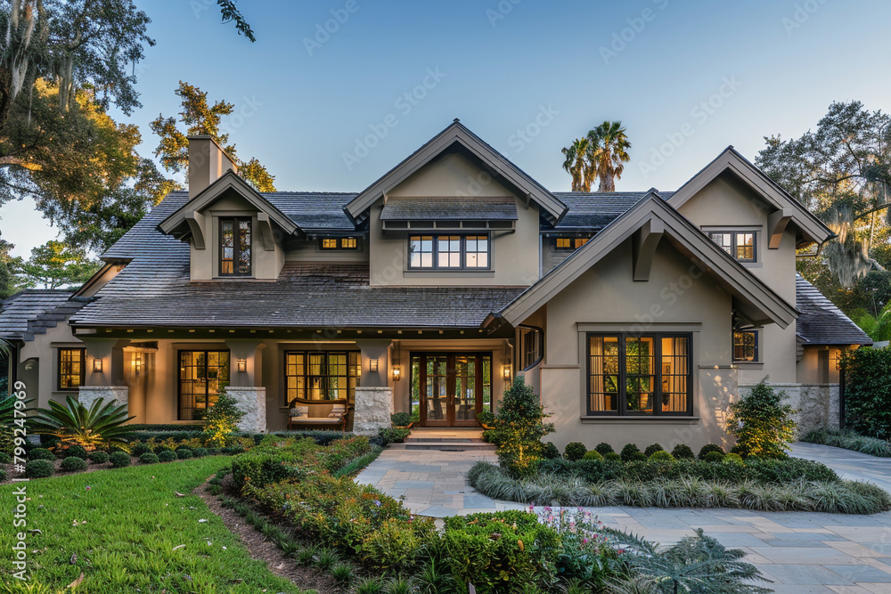 A newly built, elegant taupe craftsman cottage style home, with a triple pitched roof, surrounded by a lush, manicured landscape and a distinct, attractive entrance, showcasing timeless beauty.