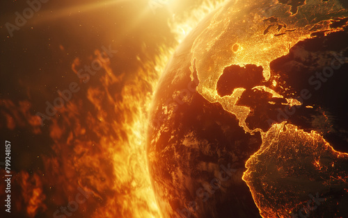 Earth globe under the extreme heat of the sun  Europe burning into flame  destroyed by fire  conceptual illustration of global warming  temperature increase and climate change. Generative AI.