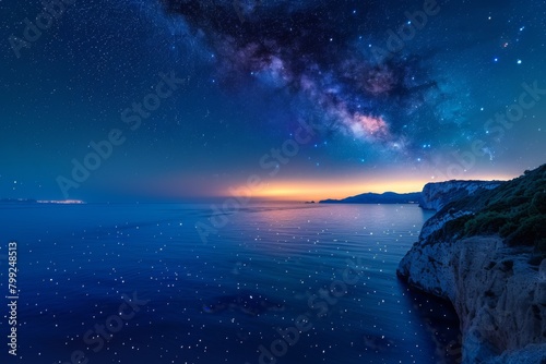 "Celestial Majesty: Capturing the Serene Cloudscape Beneath the Starry Galaxy"，"Starry Serenity: A Majestic Nighttime Seascape"