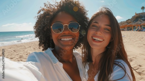 Beach selfies with women, lgbtq, and phones for love, travel, and caring on summer vacation or freedom. Sunglasses, lesbian, and joyful pals shooting mobile photos, sea, and social media.