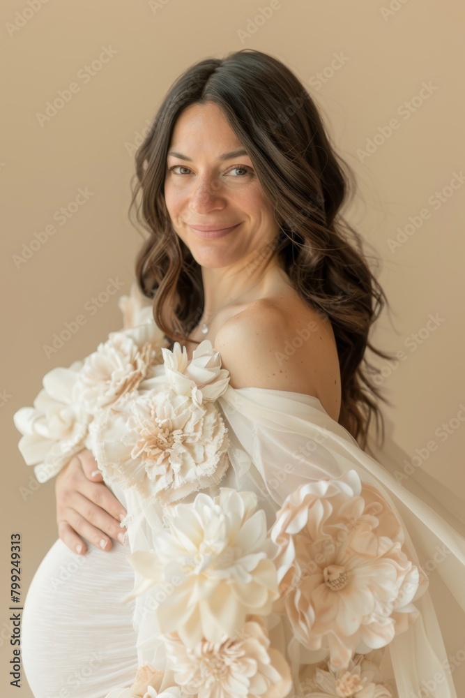 Pregnancy, flowers, and studio image of a woman clutching her stomach in chiffon. Pregnant woman posing with flowers on beige background. Pregnancy, flowers, and studio image of a woman clutching her stomach in chiffon. Pregnant woman posing with flowers on beige background.