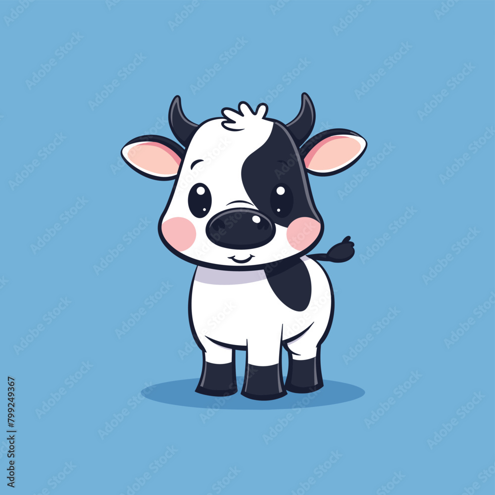 Cute cartoon cow with black and white patches on a blue background. Cute cartoon cow with black and white patches on a blue background.