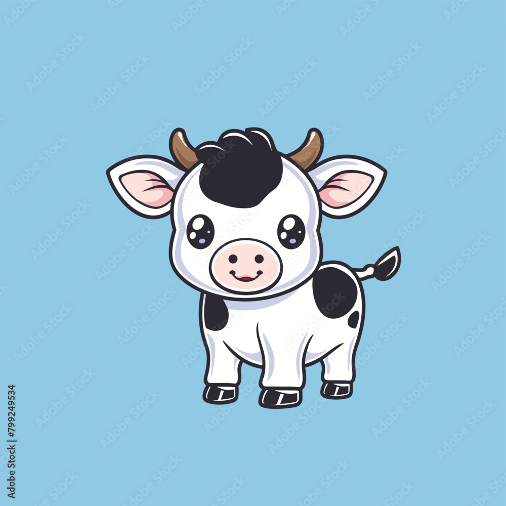 Cute cartoon baby cow with black spots on a light blue background. Cute cartoon baby cow with black spots on a light blue background.