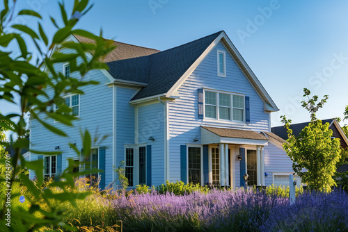 A serene lavender mist house nestled amidst the suburban greenery, its pale blue siding reflecting the brilliance of the sun on a clear, bright day. 