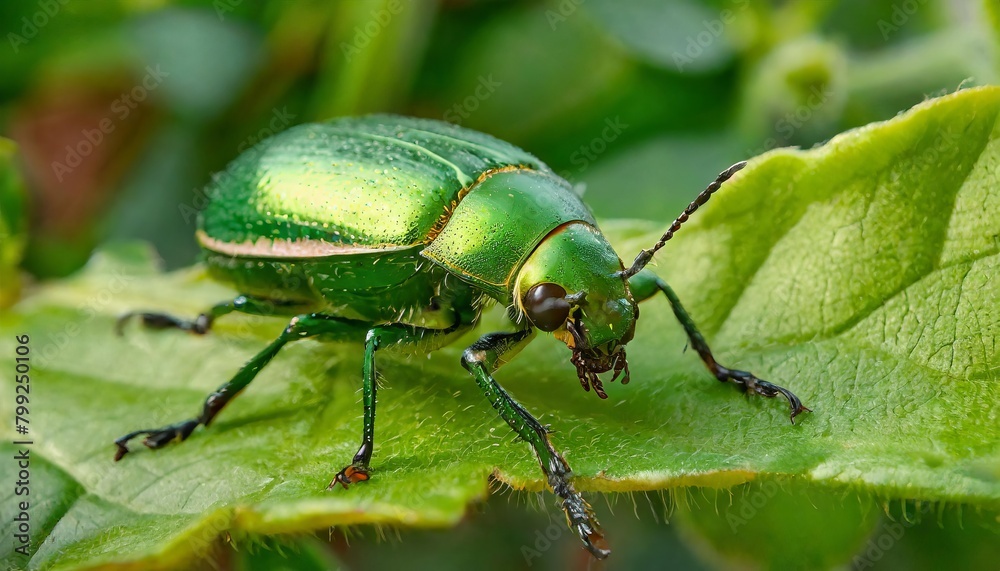 Green fruit beetle on leaves macro photography