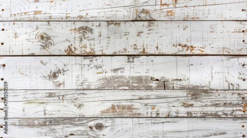 Close-up of distressed white wood planks with peeling paint and rustic charm photo
