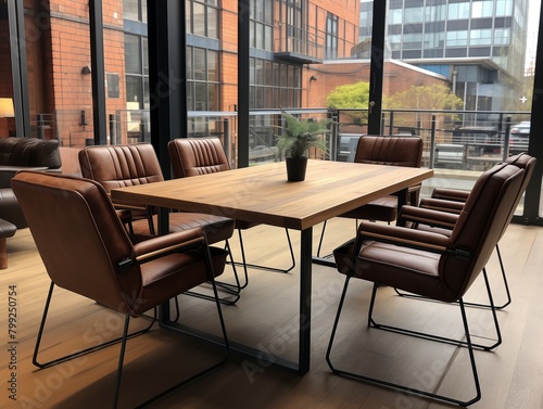 Contemporary boardroom with stylish leather chairs and wooden table, concept of modern corporate meetings, executive environment, and professional business settings in an urban office landscape