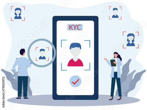 E-KYC verifying the identity of its clients using bio metric identification scanning face and fingerprint recognition. flat vector illustrator.