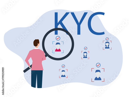 E-KYC verifying the identity of its clients using bio metric identification scanning face and fingerprint recognition. flat vector illustrator.