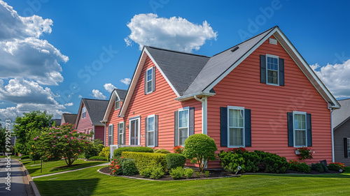 A sunny coral-colored house adorned with siding and shutters casts a warm glow in the suburban neighborhood, welcoming residents and visitors alike on a bright sunny day.