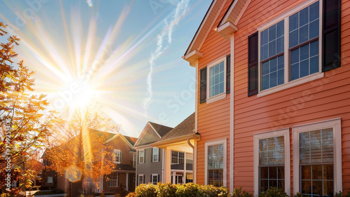 A sunny salmon-colored house with traditional windows and shutters basks in the sunlight on a bright day, surrounded by the tranquility of the suburban neighborhood.