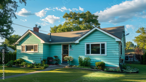 A tranquil teal house with siding, set within a peaceful suburban locale, basking in the glow of a sunny day.
