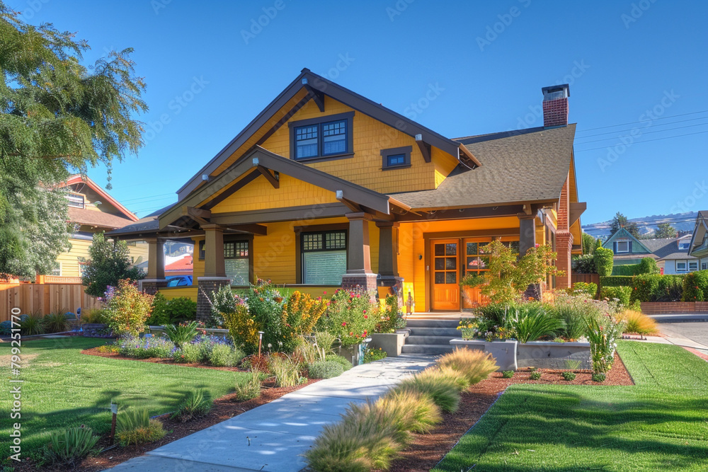 A vibrant canary yellow cottage craftsman style house with a triple pitched roof, elegantly designed landscaping, a welcoming sidewalk, and striking curb appeal, showcasing modern aesthetics.