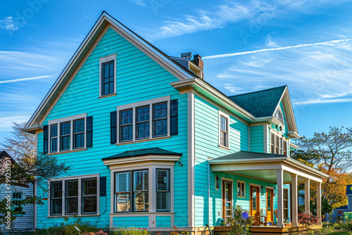 A vibrant turquoise house with siding, situated on a generous lot in a suburban area, featuring traditional windows and shutters, under a clear blue sky.