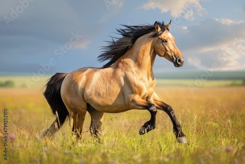 Majestic Rearing Buckskin Horse on Natural Prairie Background - Wild Spirit in Motion