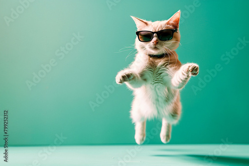 Playful White Fluffy Cat with Black Glasses on Turquoise Studio Background