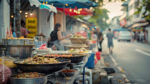 Unadorned street food setup featuring duck rice on a portable table, lively midday atmosphere, shot in an editorial style photo
