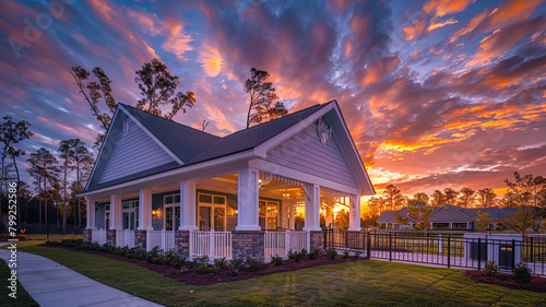 Captivating high-definition image of a new community clubhouse with a white porch and gable roof at sunset. photo