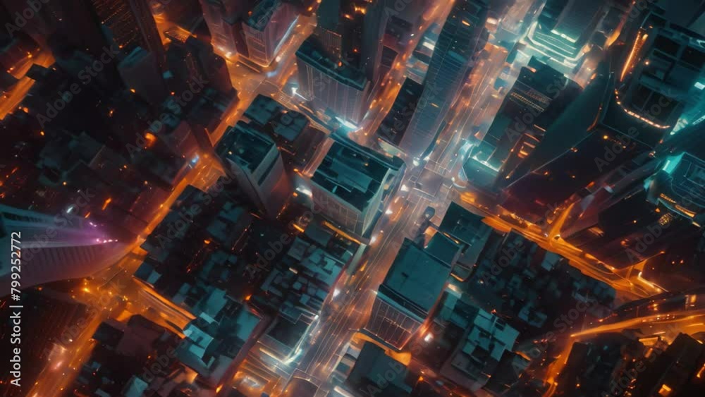 An overhead shot of a bustling city illuminated by the lights of its buildings and streets during the nighttime, View of a city transitioning from day to night from above