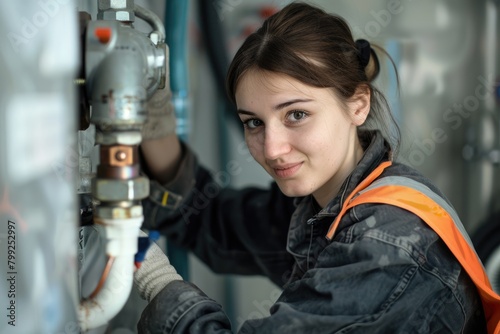 Working Female Plumber Fixes Central Heating Boiler: Apprenticeship Trained Expert on the Job © Popelniushka