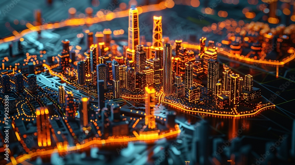 Fototapeta premium Advanced AI neural network visualized as a sprawling city, data streams glowing like neon lights