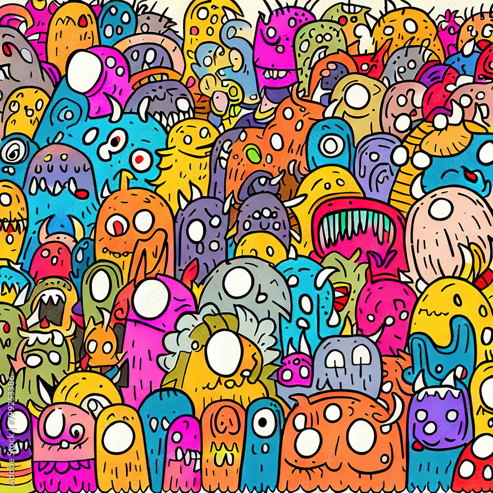 Many monsters, doodle art style, colorful, illustration generated by Ai