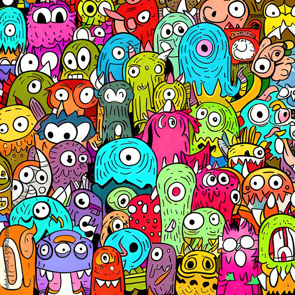 Naklejka premium Many monsters, doodle art style, colorful, illustration generated by Ai