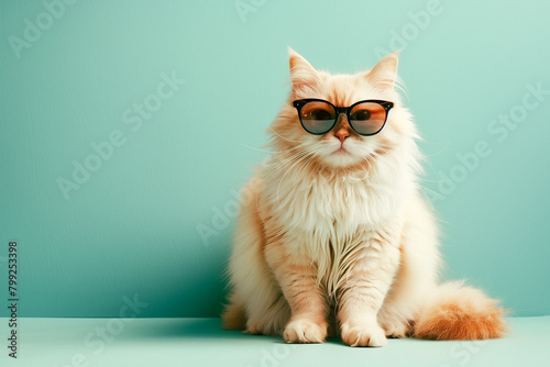 Playful White Fluffy Cat with Black Glasses on Turquoise Studio Background